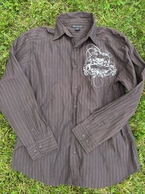 Montage Collection  Brown Pinstripe Shirt with White Graphic